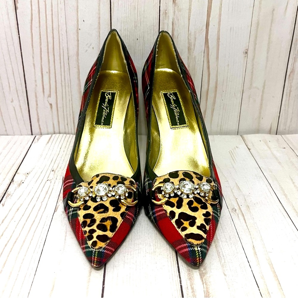 Beverly Feldman Red Plaid Crystal Leopard Patent Leather Pumps 3.5” Size 10M